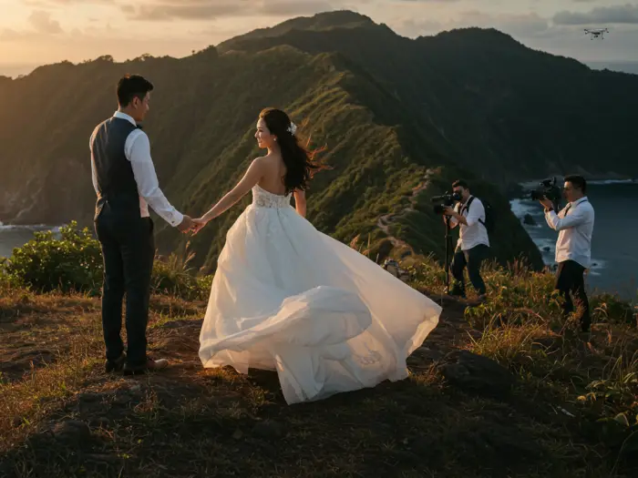 modern filipino wedding trends philippines Modern Filipino couple posing for wedding photos at a scenic Tagaytay viewpoint.