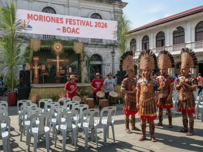 moriones festival 2026 schedule boac town plaza Early morning preparations at Boac plaza for the 2026 Moriones Festival in Marinduque.