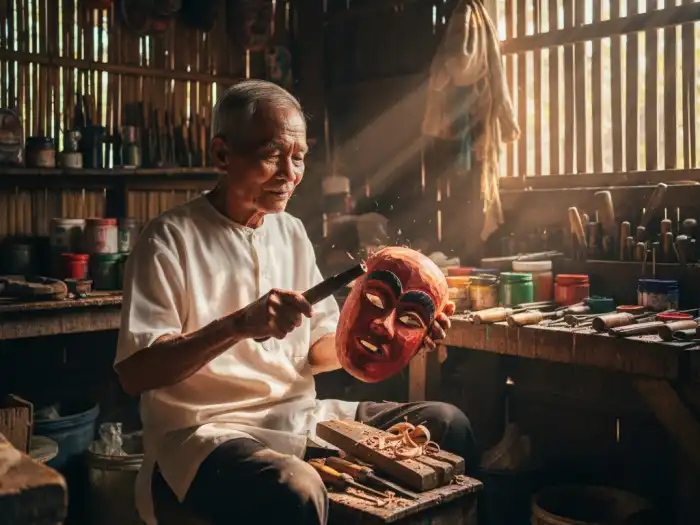 moriones festival mask maker history and tradition Craftsman carving a wooden Morion mask inside his workshop in Marinduque.