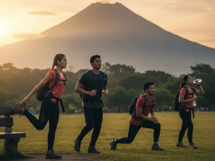 mount apo fitness training preparation Filipino climbers training outdoors with Mount Apo visible in the background.