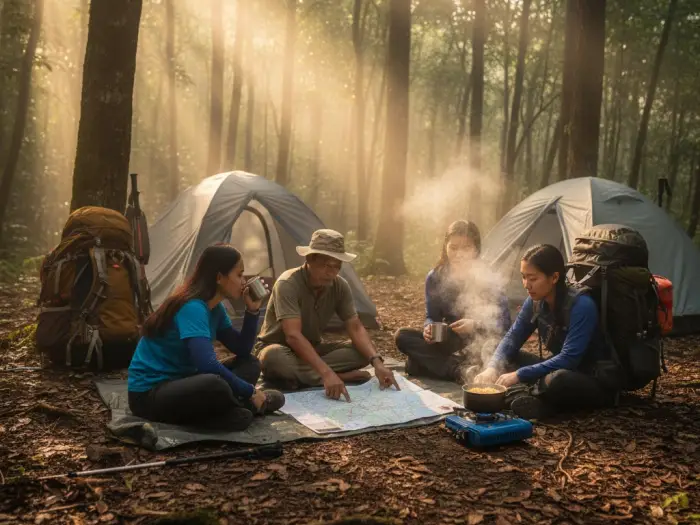 mount apo guided tour diy budget breakdown Filipino hikers camping on Mount Apo with a local guide during a guided climb.