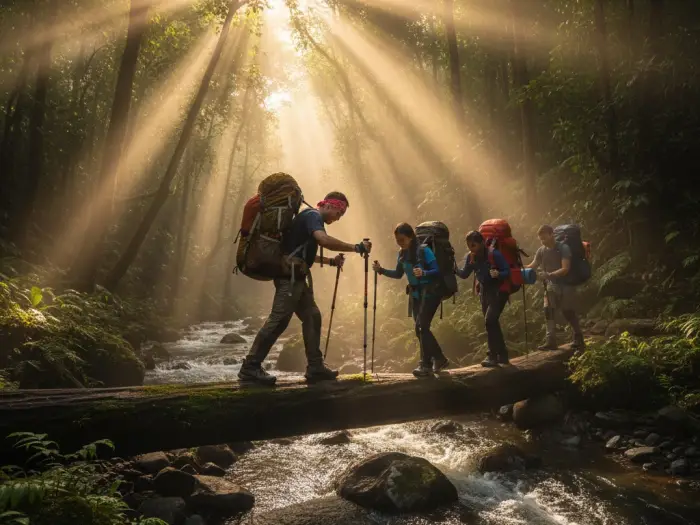 mount apo hiking itinerary trail river crossing Filipino climbers crossing a forest river during the Mount Apo hike itinerary.