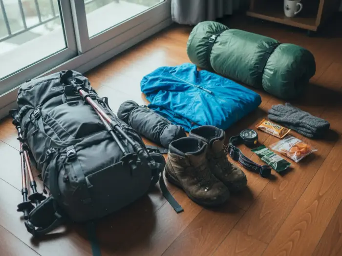 mount apo packing list climb essentials Mount Apo hiker preparing trekking gear, jackets, and food before the climb.