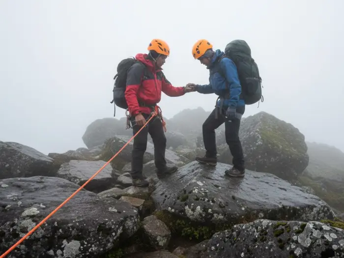 mount apo safety guidelines trail hazards Mount Apo guide helping a climber across a slippery rocky section in the fog.