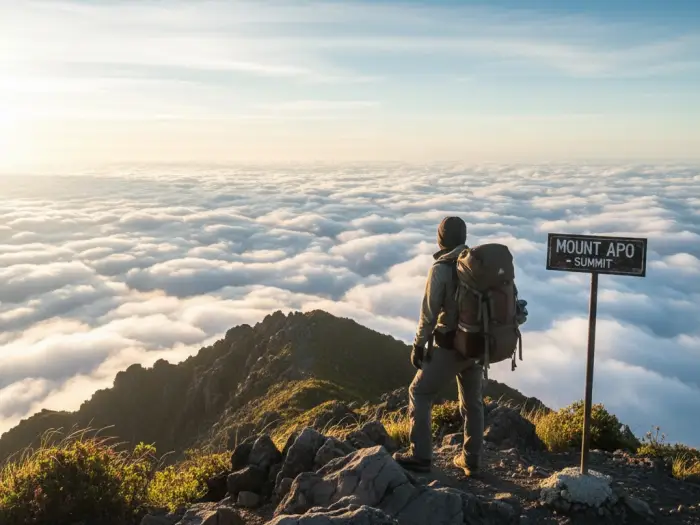 mount apo summit view above clouds philippines Filipino climber standing near summit marker of Mount Apo with clouds below.