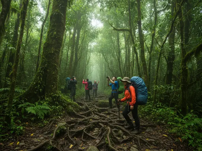 mount apo trail options davao kidapawan route Filipino hikers trekking through a mossy forest trail on Mount Apo’s Davao route.