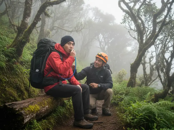 mount pulag altitude sickness safety tips Filipino hiker resting on Mount Pulag trail to avoid altitude sickness during the climb.
