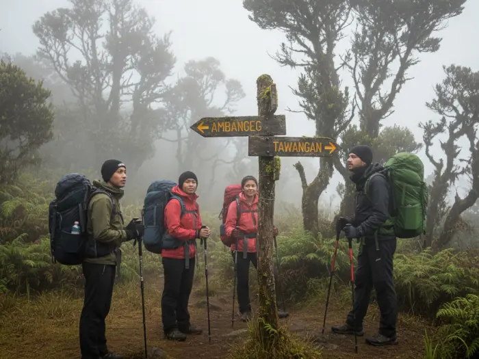 mount pulag trail options ambangeg akiki tawangan Filipino hikers at Mount Pulag trail signpost choosing between Ambangeg, Akiki, and Tawangan routes.