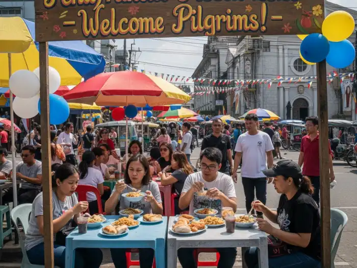 naga street food tips pena francia festival Travelers enjoying local Bicolano street food during Peñafrancia Festival in Naga.