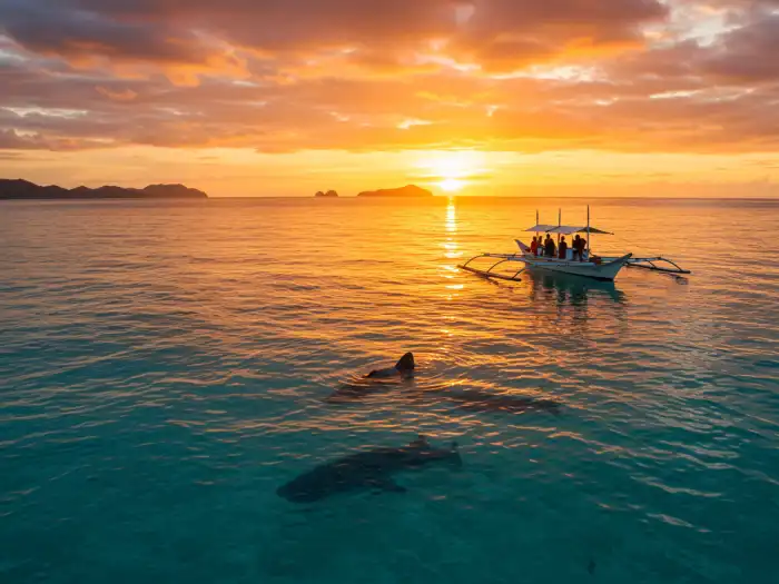 oslob cebu sunset farewell whale shark Outrigger boat sailing away from Oslob during sunset after whale shark experience.