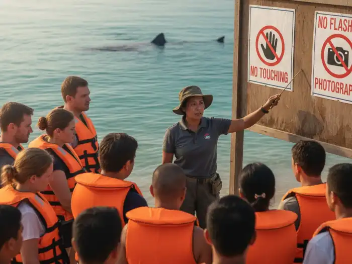 oslob whale shark ethics awareness guide Eco guide explaining whale shark protection rules to tourists in Oslob, Cebu.