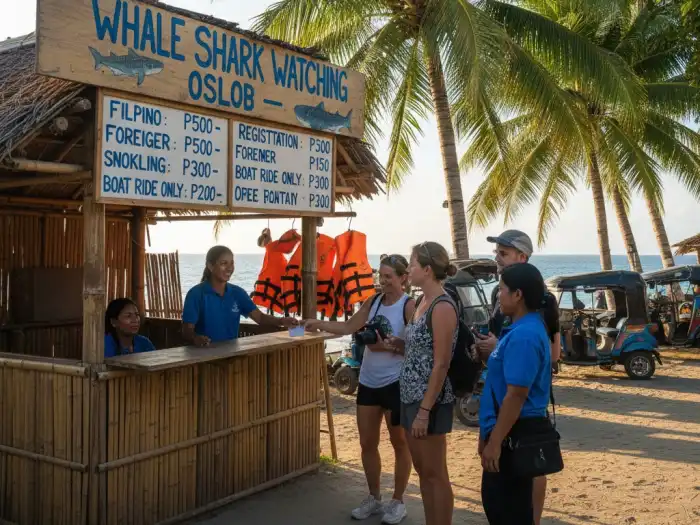 oslob whale shark registration booth prices Whale shark registration booth showing fees and safety gear in Oslob, Cebu.