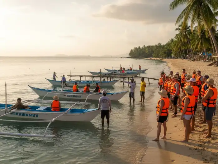 oslob whale shark tour briefing boats cebu Tourists and guides preparing boats for the whale shark experience in Oslob, Cebu.