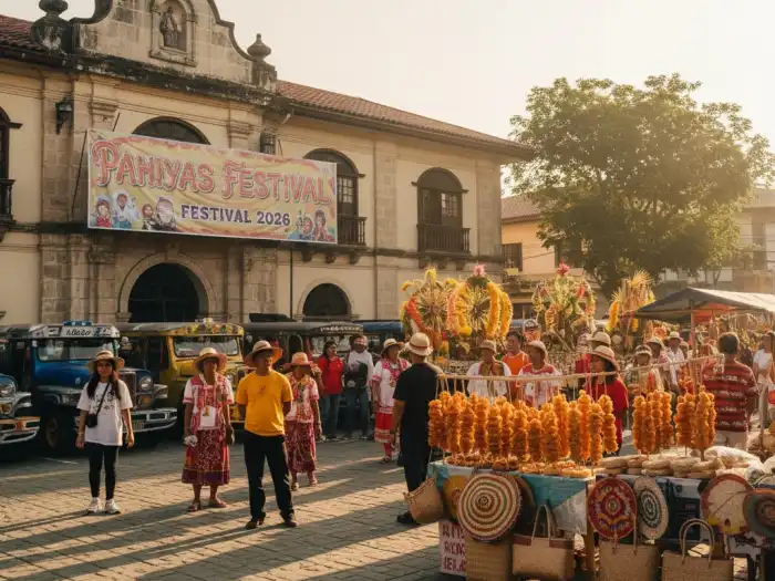 pahiyas 2026 schedule lucban town plaza Early morning crowd at Lucban town plaza preparing for the Pahiyas Festival 2026 opening.