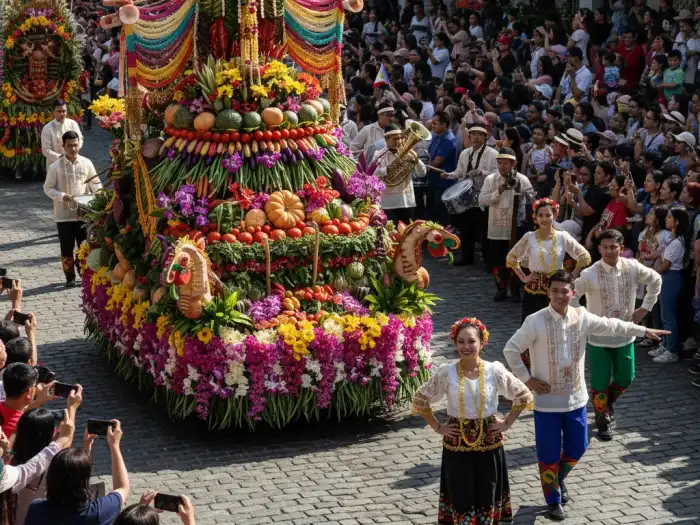 pahiyas festival float parade cultural attractions Colorful float decorated with kiping and vegetables during the Pahiyas Festival parade.
