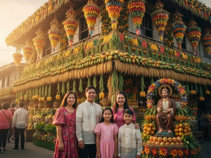 pahiyas festival lucban family san isidro house Lucban family posing in front of a colorful kiping-decorated house during Pahiyas Festival.