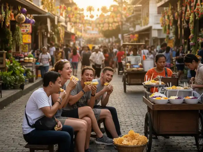 pahiyas festival lucban travel tips street food Tourists eating pancit habhab and local food during the Pahiyas Festival in Lucban.