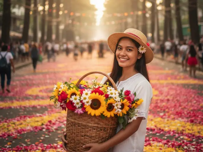 panagbenga festival baguio flower basket street scene Young Filipina holding flowers along Session Road after the Panagbenga Festival parade.