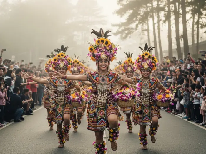 panagbenga street dance festival attractions baguio Panagbenga dancers in floral Cordilleran costumes performing along Harrison Road in Baguio.