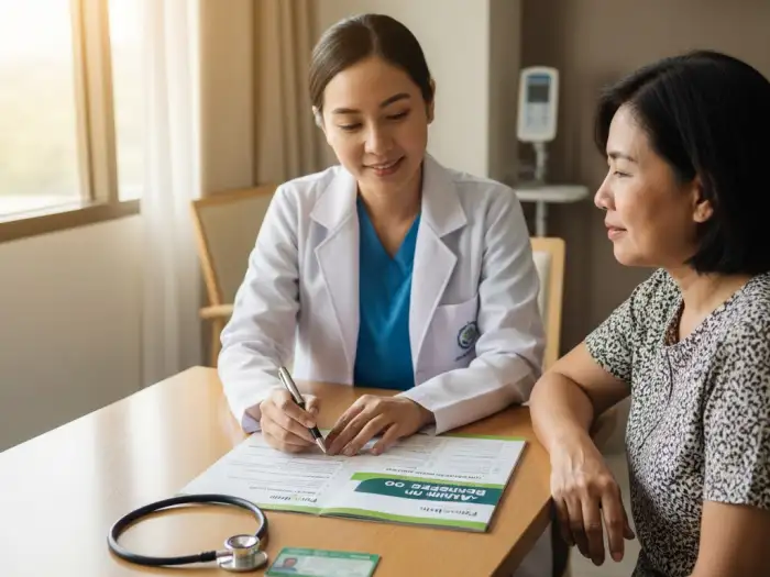 philhealth benefits guide philippines Doctor explains PhilHealth coverage benefits using brochure and ID card.