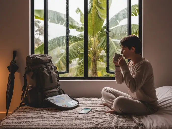 philippines cozy rainy day travel Traveler relaxing indoors with tea while it rains outside in the Philippines.