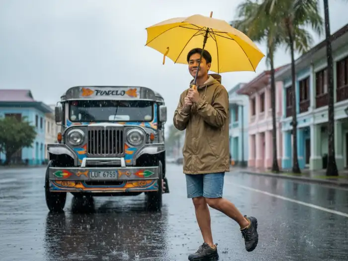 philippines rainy season outfit Traveler in casual waterproof outfit with umbrella beside a jeepney during light rain.