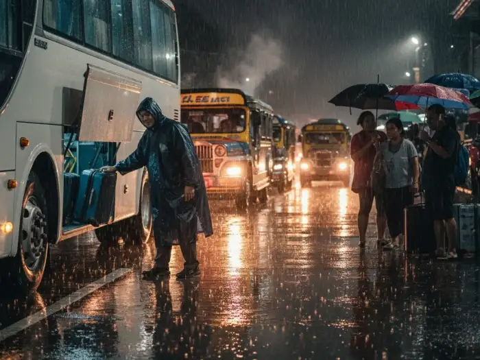 philippines rainy season safety travel Travelers and jeepneys at a wet roadside terminal during a rainy day in the Philippines.