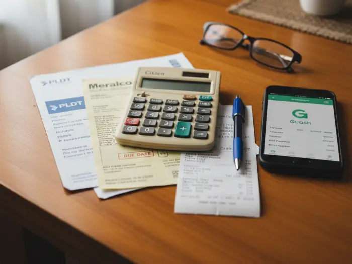pinoy household internet bill Internet bill and receipts on a Filipino household table with GCash phone