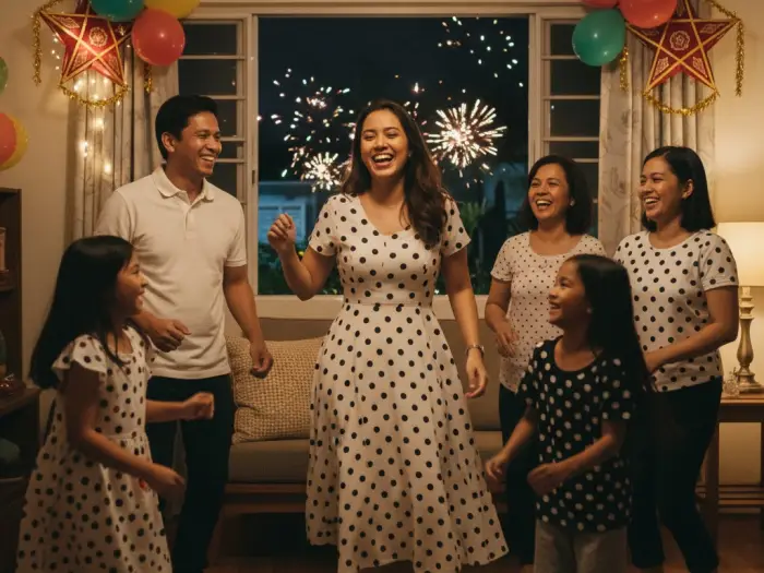 polka dots prosperity filipino new year Filipino family wearing polka-dotted clothes to attract prosperity for the New Year.