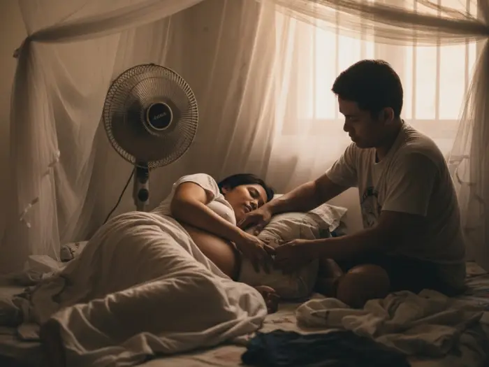 pregnancy sleeping position pamahiin Pregnant Filipina sleeping on her side while her husband helps adjust pillows.