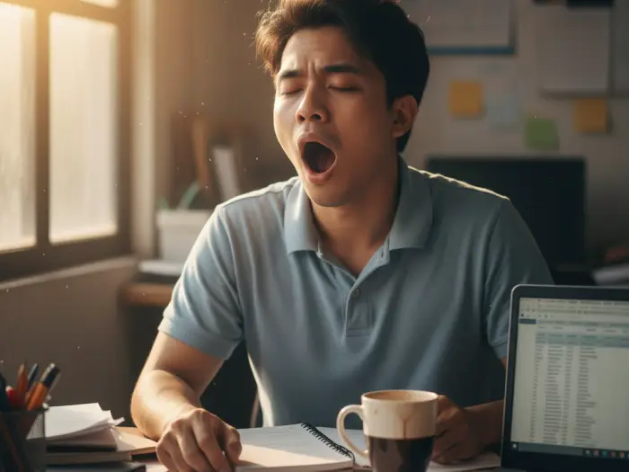 puyat effects health sleep deprivation philippines Filipino office worker yawning at desk, showing health effects of puyat in PH.