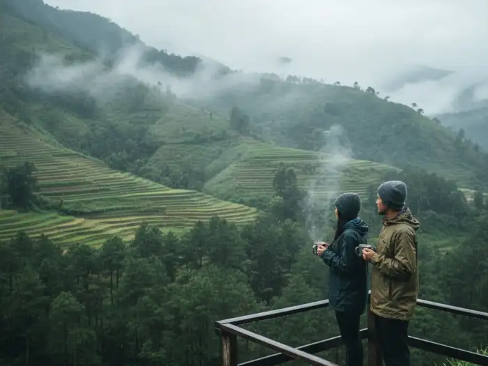 rainy season philippines destinations Travelers enjoy mountain scenery and mist during the rainy season in the Philippines.