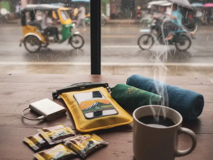 rainy season travel essentials philippines Waterproof pouches, ponchos, and coffee on a table during a rainy day in the Philippines.