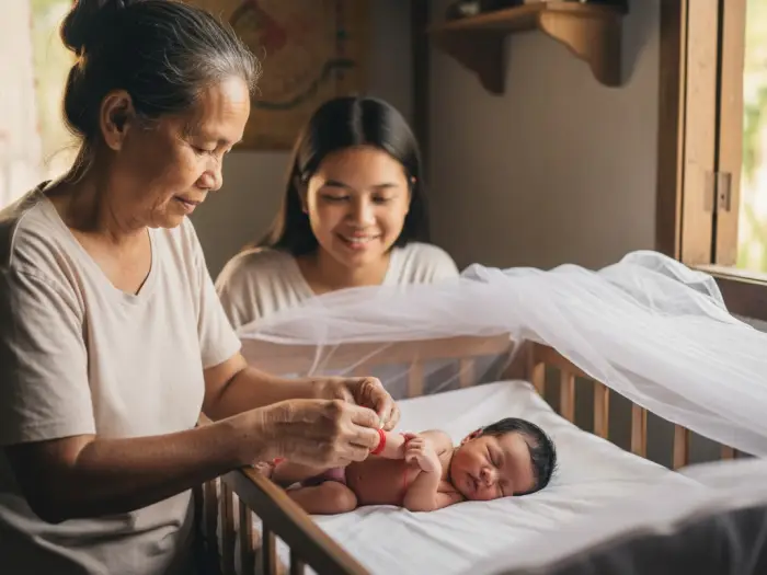 red thread usog protection newborn Filipino grandmother tying red thread on baby’s wrist to ward off usog.