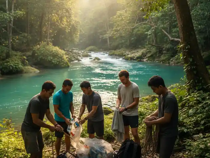 responsible travel safety kawasan falls badian Filipino guides cleaning up and assisting tourists after canyoneering at Kawasan Falls.