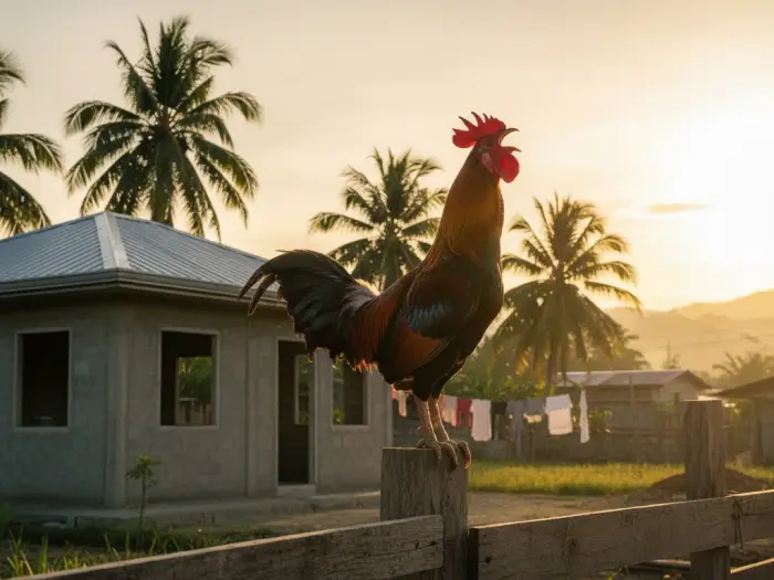 rooster call good fortune filipino home Rooster crowing at dawn near a new Filipino home symbolizing luck and fortune.