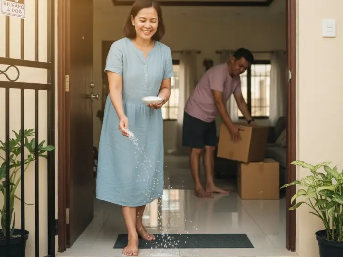 scattering coins rice salt new house philippines Filipina mother scattering coins, rice, and salt at the doorway during house moving-in.