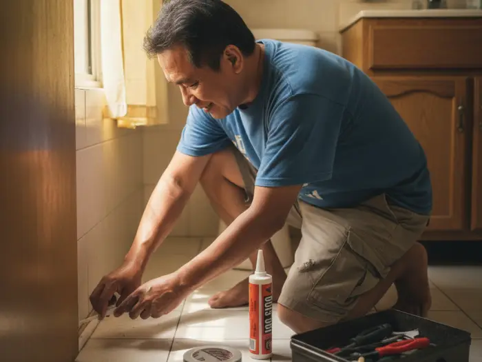 seal entry points cockroach home Pinoy father sealing door gaps to stop cockroach entry