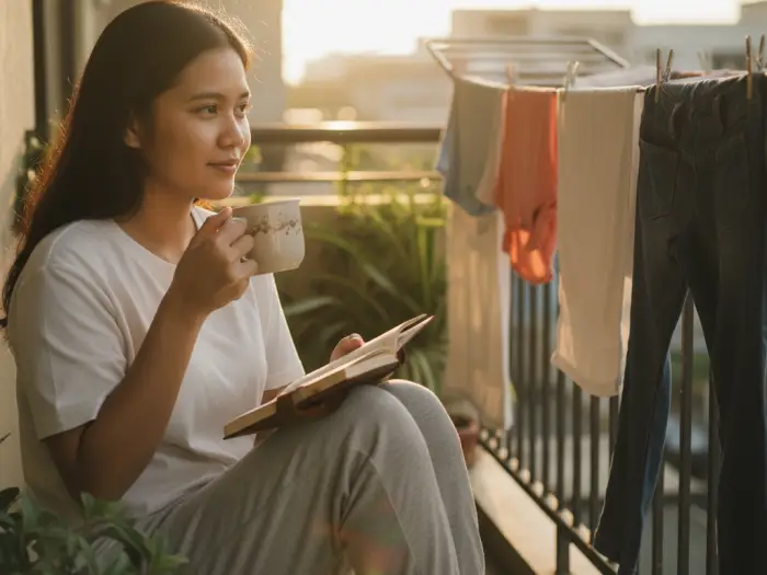 self care tips pinoy wellness Filipina practicing self-care tips Pinoy style with tea and journaling at home.