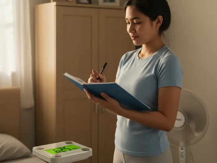 set goals paano pumayat pinoy Filipina recording her weight on a scale to set realistic weight loss goals.