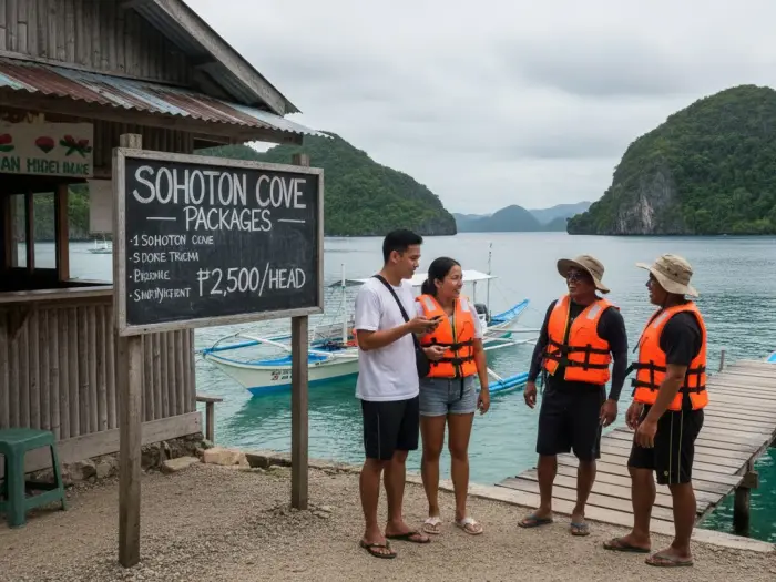 sohoton cove bucas grande tour package cost Filipino tourists checking Sohoton Cove package rates at a local tourism office in Surigao del Norte.