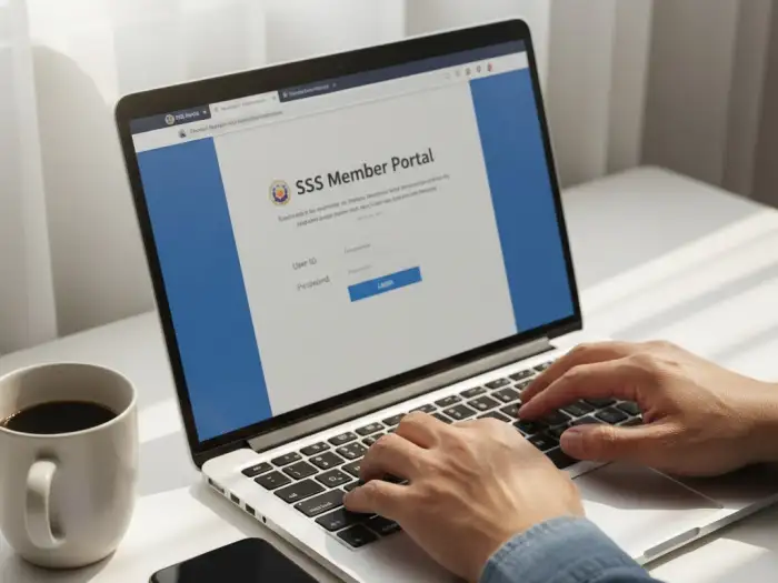 sss online portal login guide Filipino member logs in to SSS portal on laptop to check contributions.