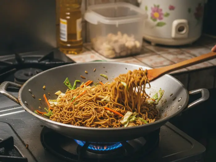 stir fried instant noodles pinoy style Stir-fried instant noodles with veggies and soy sauce in a Filipino kitchen