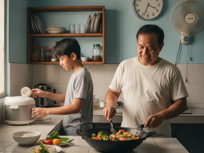 stress relief techniques healthy lifestyle Filipino family preparing healthy meals as part of stress relief techniques.
