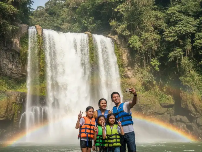 things to do around hinatuan tinuy an falls surigao del sur Family enjoying Tinuy-an Falls, a popular side trip near the Enchanted River in Surigao del Sur.