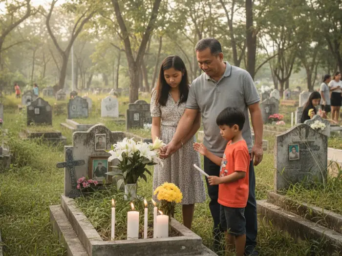 undas filipino death anniversary tradition Filipino families lighting candles at the cemetery during Undas.