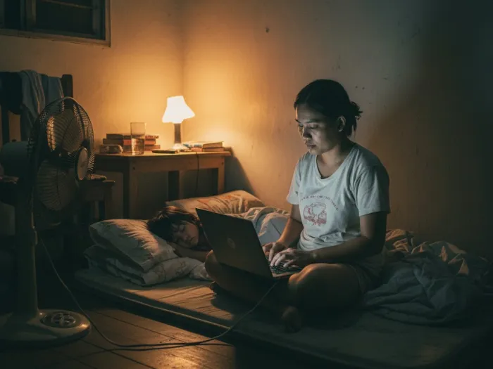 best part time online jobs filipinos home setup Filipina mother doing part-time online work at night beside her sleeping child.