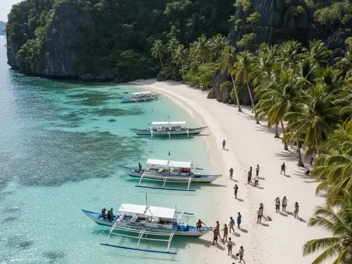best philippine islands top destinations Aerial view of a Philippine island with cliffs, boats, and clear turquoise water.