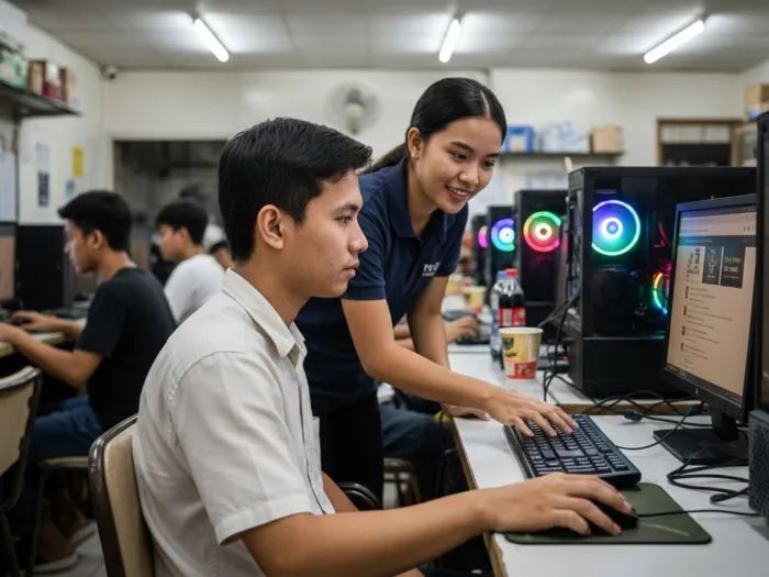 comparing online job options computer shop philippines Filipino worker comparing different online job options inside a computer shop.