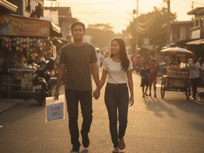 emergency fund philippines financial peace what if Filipino couple walking home peacefully after securing an emergency fund.
